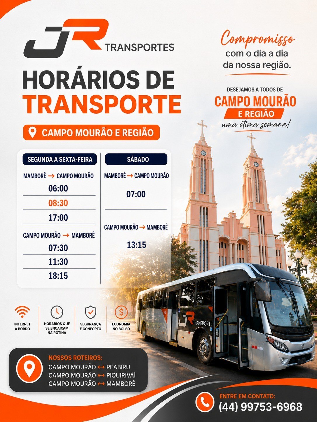 Horários da JR Transportes entre Mamborê e Campo Mourão: segunda a sexta e sábado